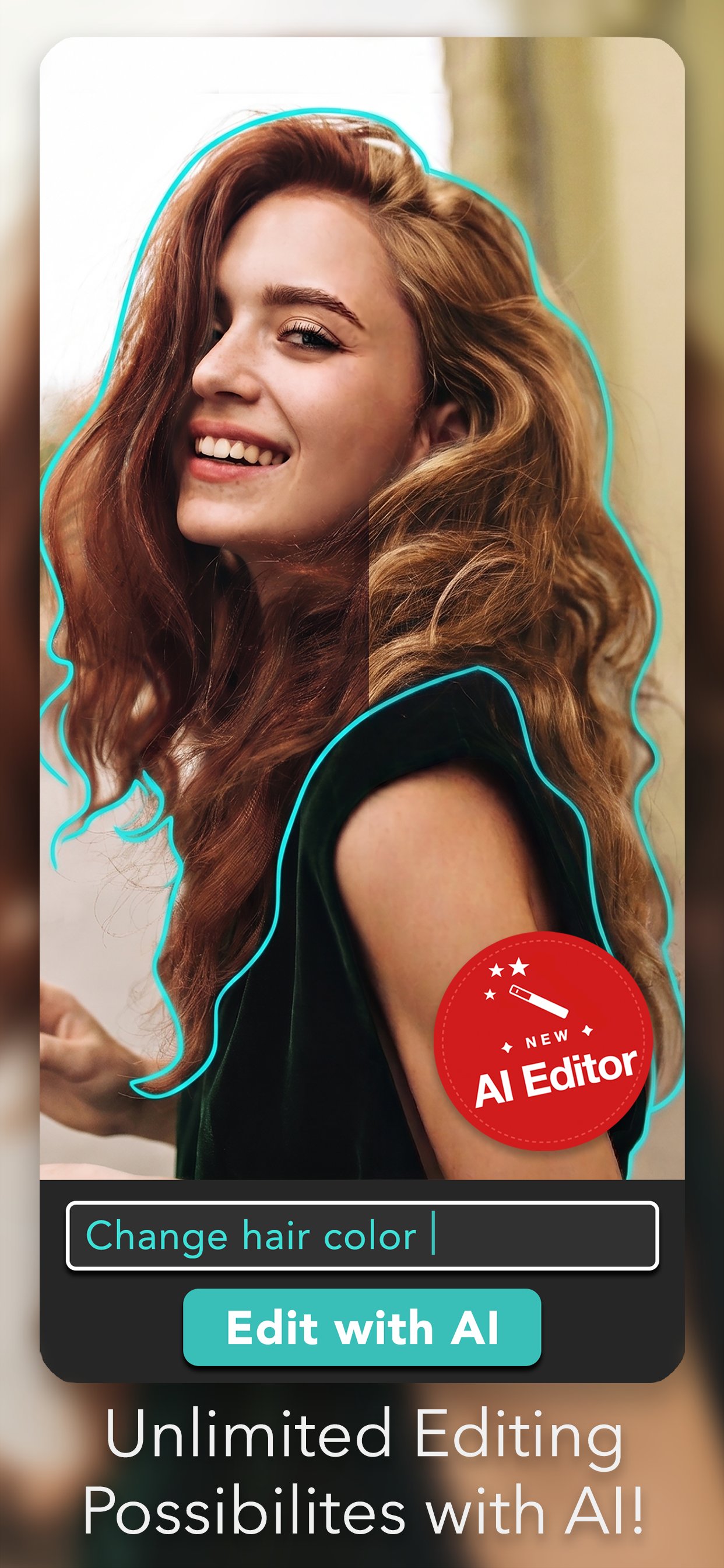 Photo Editor- 7.0 AI editor preview — typing 'Change hair color' applies AI selection to a portrait photo